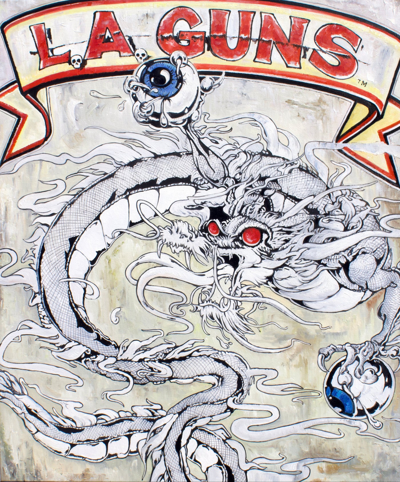LA GUNS (GM-004-26) by GODS MGMT — original oil on canvas painting of a vintage band t-shirt graphic, 48 x 40.28 in