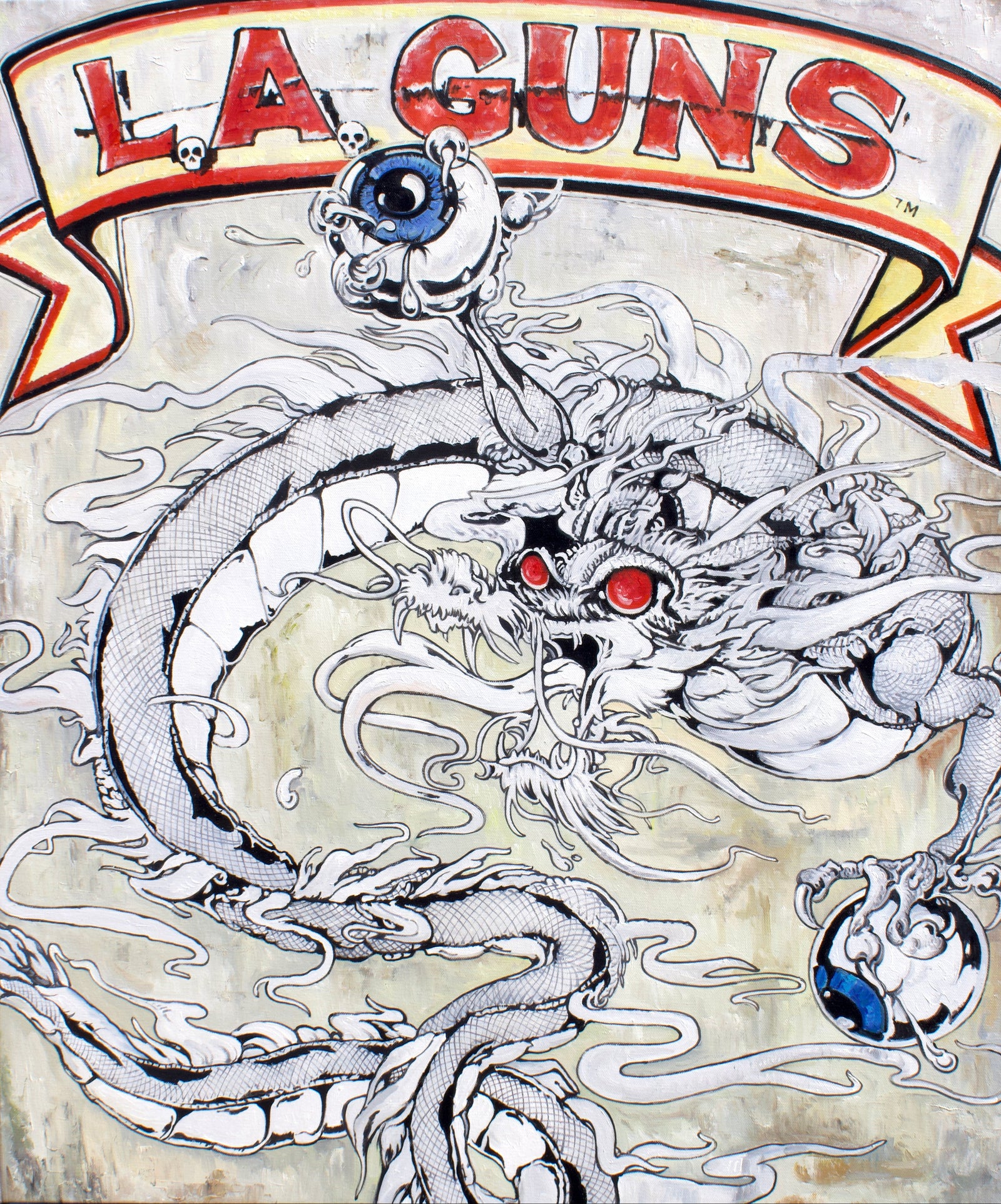 LA GUNS (GM-004-26) by GODS MGMT — original oil on canvas painting of a vintage band t-shirt graphic, 48 x 40.28 in
